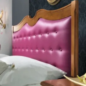 Luxury Designer Bed with Button-Tufted Pink Faux Leather Headboard & Lattice Footboard Detail View by Luxury Group International
