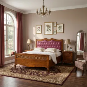 Luxury Designer Bed with Button-Tufted Pink Faux Leather Headboard & Lattice Footboard Lifestyle View by Luxury Group International