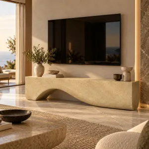 Luxus Designer TV-Ständer aus Beton mit geschwungener Wellenbasis – Modernes Möbelstück Lifestyle-Ansicht von Luxury Group International