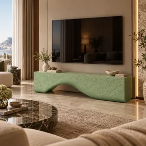 Luxus Designer TV-Ständer aus Beton mit geschwungener Wellenbasis – Modernes Möbelstück Lifestyle-Ansicht von Luxury Group International