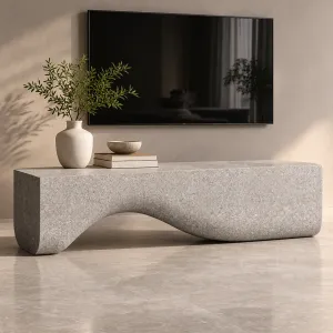 Luxus Designer TV-Ständer aus Beton mit geschwungener Wellenbasis – Modernes Möbelstück Lifestyle-Ansicht von Luxury Group International