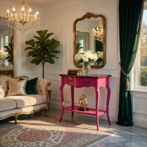 Luxury Designer Fuchsia Console Table with Central Drawer Storage & Lower Display Shelf Lifestyle View by Luxury Group International