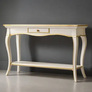 Luxury Designer Ivory Console Table in Gold Accent Finish with Integrated Drawer & Lower Display Shelf Front View by Luxury Group International