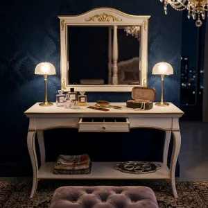 Luxury Designer Ivory Console Table in Gold Accent Finish with Integrated Drawer & Lower Display Shelf Lifestyle View by Luxury Group International
