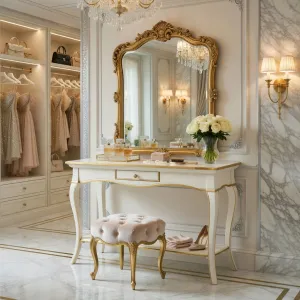 Luxury Designer Ivory Console Table in Gold Accent Finish with Integrated Drawer & Lower Display Shelf Lifestyle View by Luxury Group International
