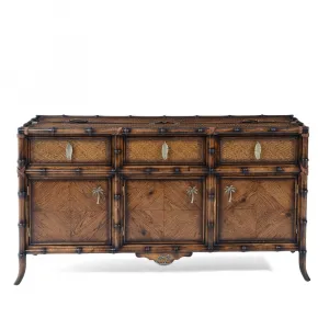 Luxus Designer Leder-Sideboard mit Palmenakzenten – 3 Schubladen & Aufbewahrungspanels – Luxus Sideboard Vorderansicht von Luxury Group International