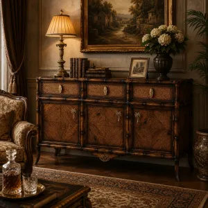 Luxus Designer Leder-Sideboard mit Palmenakzenten – 3 Schubladen & Aufbewahrungspanels – Luxus Sideboard Lifestyle-Ansicht von Luxury Group International