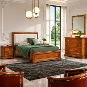 Luxury Designer Wooden Bed with White Upholstered Headboard Lifestyle View by Luxury Group International