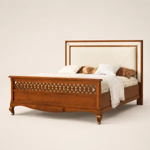 Luxury Designer Wooden Bed with White Upholstered Panel Headboard & Lattice Footboard Front View by Luxury Group International