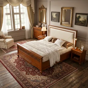 Luxury Designer Wooden Bed with White Upholstered Panel Headboard & Lattice Footboard Lifestyle View by Luxury Group International