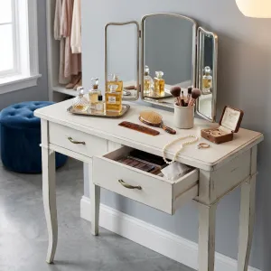 Luxury Distressed White Wooden Console Table with Dual Drawer Storage Lifestyle View by Luxury Group International