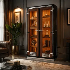 Vetrina di Lusso a Doppia Porta in Vetro con Rifiniture in Metallo e Interno in Legno Caldo Vista lifestyle di Luxury Group International