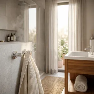 Luxury Double Head Chrome Bath Robe Hanger for Premium Hotel Bathrooms Lifestyle View by Luxury Group International