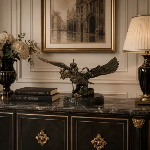 Escultura de Bronce de Águila Bicéfala de Lujo sobre Base de Mármol Negro Vista lifestyle por Luxury Group International