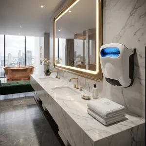 Luxury Eco-Jet Automatic Hand Dryer with LED Status Indicators in White & Grey Color Variations Lifestyle View by Luxury Group International