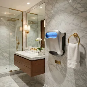 Luxury Eco-Jet Automatic Hand Dryer with LED Status Indicators in White & Grey Color Variations Lifestyle View by Luxury Group International