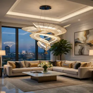 Lussuoso ed Elegante Lampadario a Spirale in Metallo Oro Champagne con Struttura a Nastro Vista lifestyle di Luxury Group International