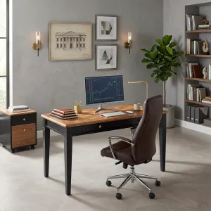 Escritorio Ejecutivo de Lujo con Tapa de Madera Natural, Base Negra y Almacenamiento de Doble Cajón Vista lifestyle por Luxury Group International