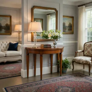Luxury Extendable Half-Moon Console Table in Classic Walnut Finish Lifestyle View by Luxury Group International