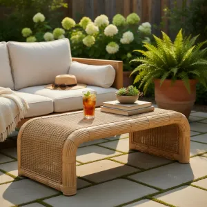 Luxury Faux Rattan Outdoor Coffee Table in Honey Finish 125 cm - Outdoor Coffee Table Lifestyle View by Luxury Group International
