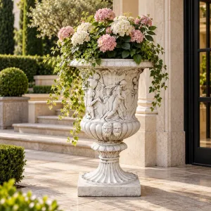Jardinière de Jardin en Urne à Reliefs Figuraux de Luxe avec Accents de Masques Sculptés - Jardinières de Luxe Vue lifestyle par Luxury Group International