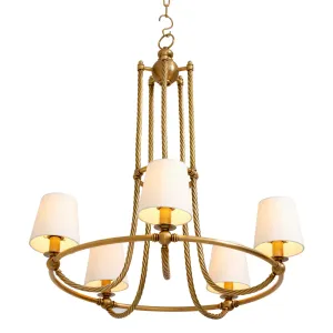 Luxury Five-Light Golden Chandelier with Twisted Frame & Fabric Shades - Luxury Hotel Furniture Front View by Luxury Group International