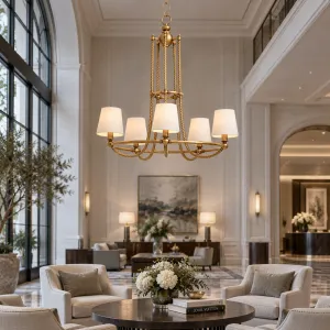 Luxury Five-Light Golden Chandelier with Twisted Frame & Fabric Shades - Luxury Hotel Furniture Lifestyle View by Luxury Group International