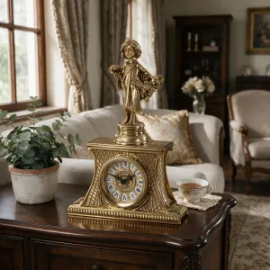 Luxury Floral Maiden Bronze Table Clock with Dual Bouquet Finial - Royal Home Accessories Lifestyle View by Luxury Group International