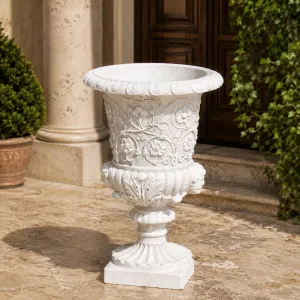Jardinera de Urna con Relieve Floral de Lujo y Peana Esculpida - Maceteros de Lujo Vista frontal por Luxury Group International