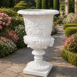 Jardinera de Urna con Relieve Floral de Lujo y Peana Esculpida - Maceteros de Lujo Vista lifestyle por Luxury Group International