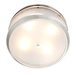 Luxury Flush Mount Ceiling Light in Polished Chrome with Ribbed Glass Drum Shade Front View by Luxury Group International