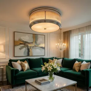 Luxury Flush Mount Ceiling Light in Polished Chrome with Ribbed Glass Drum Shade Lifestyle View by Luxury Group International
