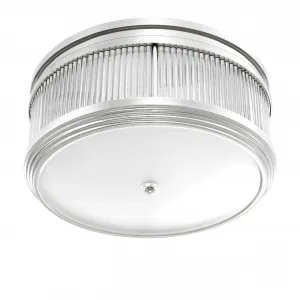 Luxury Flush Mount Ceiling Light in Polished Chrome with Ribbed Glass Drum Shade Side View by Luxury Group International