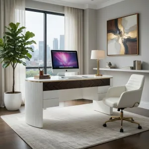 Luxury Fluted Executive Office Desk with Multi-Drawer Storage Configuration in Ebony Veneer Finish Lifestyle View by Luxury Group International