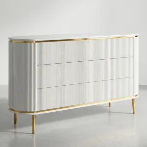 Luxury Fluted White Canneté Chest of Drawers in Metallic Gold Trim Finish with Tapered Legs Front View by Luxury Group International