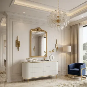 Luxury Fluted White Canneté Chest of Drawers in Metallic Gold Trim Finish with Tapered Legs Lifestyle View by Luxury Group International