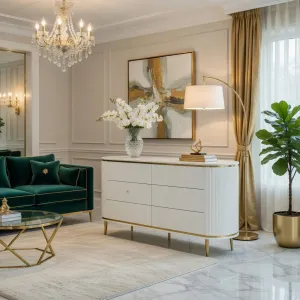 Luxury Fluted White Canneté Chest of Drawers in Metallic Gold Trim Finish with Tapered Legs Lifestyle View by Luxury Group International
