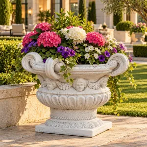 Jardinera de Urna de Lujo con Cuatro Asas y Relieve de Rostro Esculpido - Maceteros de Lujo Vista lifestyle por Luxury Group International
