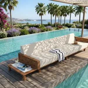 Luxus-Viersitzer-Sofa mit Holzrahmen und Marmor-Beistelltisch Lifestyle-Ansicht von Luxury Group International