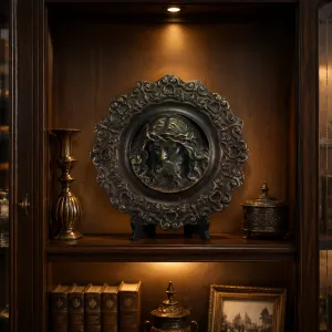 Luxus Bronze-Reliefskulptur mit gerahmtem Jesus Christus Gesicht in Gold- und Antikbronze-Finish Lifestyle-Ansicht von Luxury Group International
