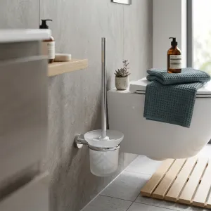 Luxury Frosted Glass Toilet Brush Holder with Chrome Plated Wall Mount Lifestyle View by Luxury Group International