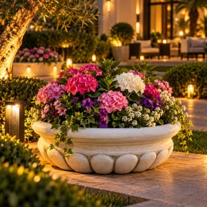 Jardinière Bol de Luxe avec Base Sculptée en Forme de Pétales - Jardinières de Luxe Vue lifestyle par Luxury Group International
