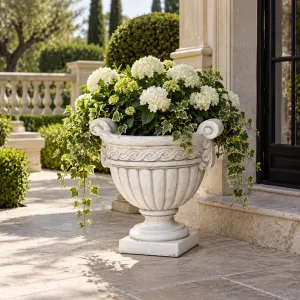 Luxury Garden Planter with Fluted Bowl Design and Decorative Scroll Border Lifestyle View by Luxury Group International