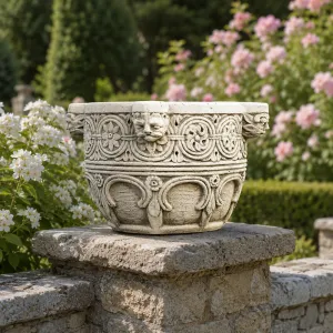 Vaso da Giardino di Lusso con Rilievo Ornamentale a Volute e Dettagli con Testa di Leone Vista lifestyle di Luxury Group International