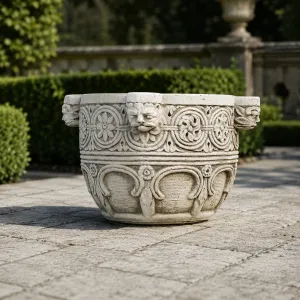 Vaso da Giardino di Lusso con Rilievo Ornamentale a Volute e Dettagli con Testa di Leone Vista lifestyle di Luxury Group International