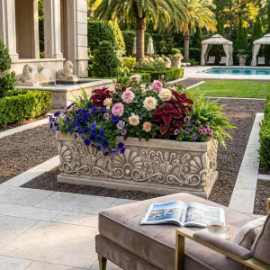 Jardinière de Luxe en Bac avec Relief Sculpté de Volutes Florales - Jardinières de Luxe Vue lifestyle par Luxury Group International