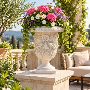 Jardinière de Jardin de Luxe en Urne avec Guirlande Drapée et Relief Rosace Florale - Jardinières de Luxe Vue lifestyle par Luxury Group International