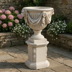 Jardinera de Urna de Lujo con Máscaras de Cabeza de León y Relieve de Guirnalda Drapeada - Maceteros de Lujo Vista lifestyle por Luxury Group International