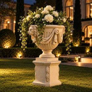 Jardinera de Urna de Lujo con Máscaras de Cabeza de León y Relieve de Guirnalda Drapeada - Maceteros de Lujo Vista lifestyle por Luxury Group International