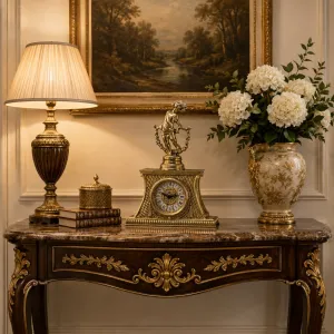 Reloj de Mesa de Bronce con Querubín y Guirnalda de Lujo con Caja de Rejilla para Chimenea - Royal Home Accessories Vista lifestyle por Luxury Group International